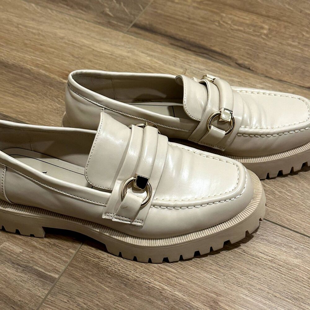 Zara Lug Sole Loafers Beige Womens 6.5 Buckle Taupe 90s Y2K Trendy Academia